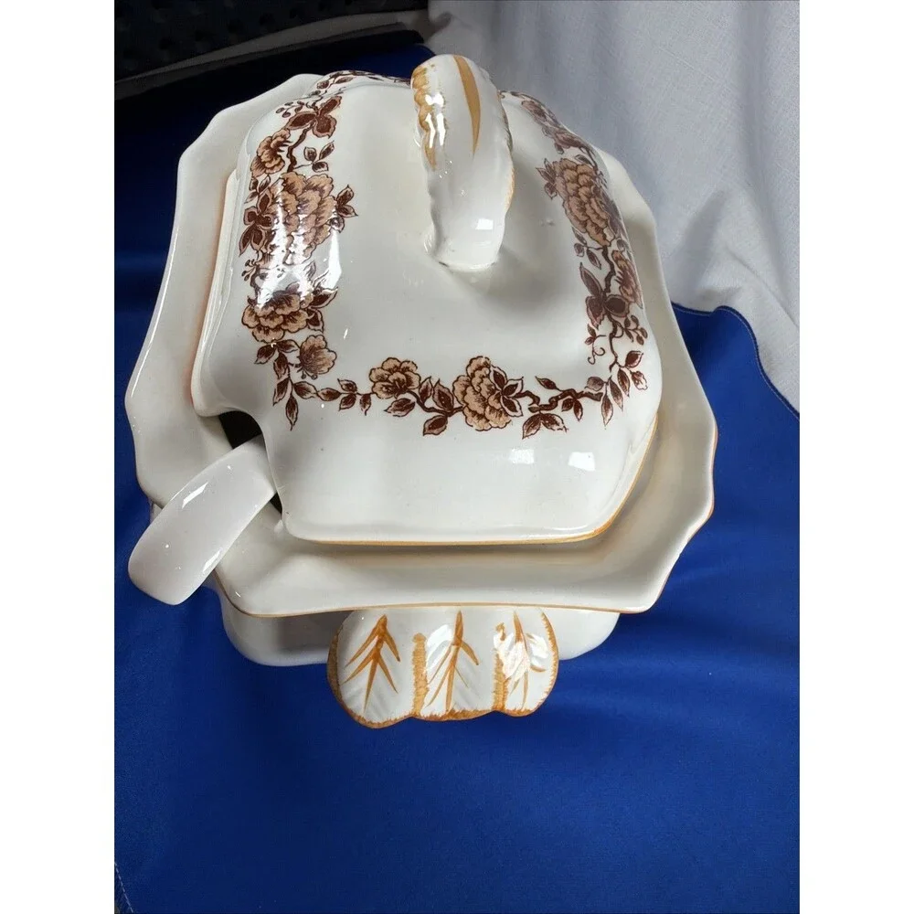 Vtg Soup Tureen Ladle Lid Brown Orange Floral Chintz Ceramic Japan Mid Century